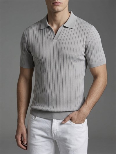  Erkek Slim Fit Ekru Triko Polo Yaka T-Shirt - Gri