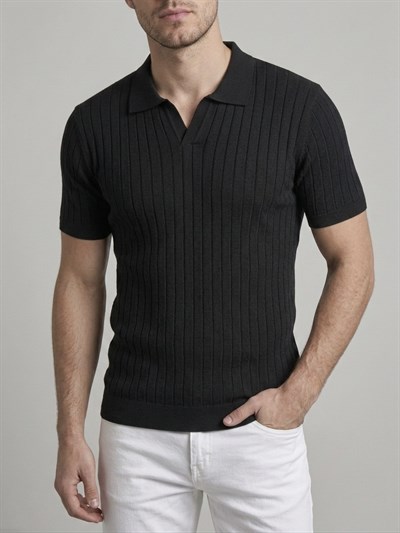  Erkek Slim Fit Ekru Triko Polo Yaka T-Shirt - Siyah