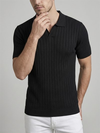  Erkek Slim Fit Ekru Triko Polo Yaka T-Shirt - Siyah