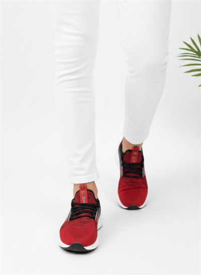 Bağcıklı Triko Unisex Spor Ayakkabı-Kırmızı Siyah