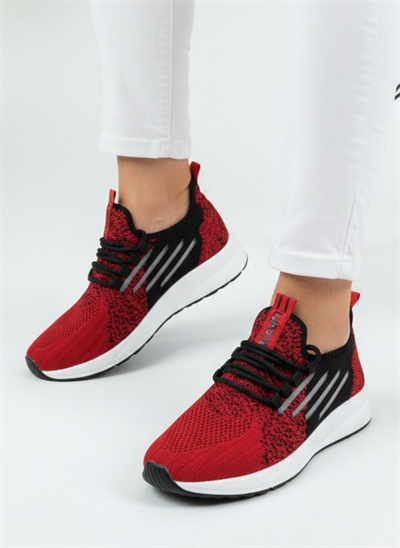 Bağcıklı Triko Unisex Spor Ayakkabı-Kırmızı Siyah