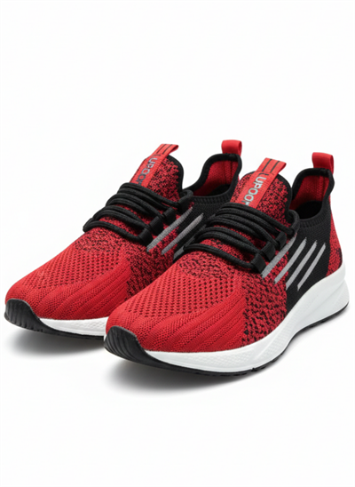 Bağcıklı Triko Unisex Spor Ayakkabı-Kırmızı Siyah