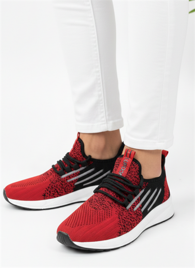 Bağcıklı Triko Unisex Spor Ayakkabı-Kırmızı Siyah