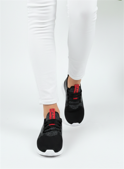Bağcıklı Triko Unisex Spor Ayakkabı-Siyah Beyaz Kırmızı