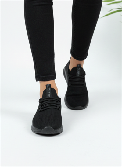 Bağcıklı Triko Unisex Spor Ayakkabı-Siyah