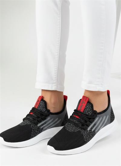 Bağcıklı Triko Unisex Spor Ayakkabı-Siyah Beyaz Kırmızı