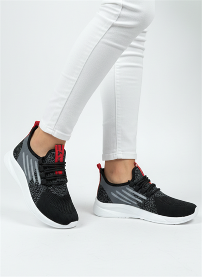 Bağcıklı Triko Unisex Spor Ayakkabı-Siyah Beyaz Kırmızı