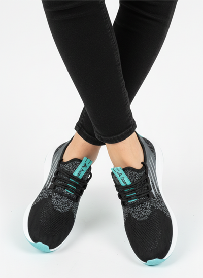 Bağcıklı Triko Unisex Spor Ayakkabı-Siyah -Su Yeşili