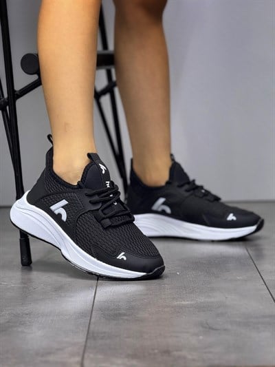 Bağcıklı Unisex Çocuk Spor Ayakkabısı-Siyah-Beyaz