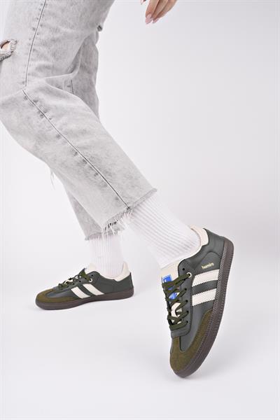 Bağcıklı Unisex Spor Sneaker Ayakkabı-Haki-Bej