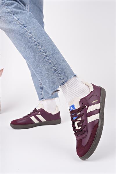 Bağcıklı Unisex Spor Sneaker Ayakkabı-Bordo-Bej