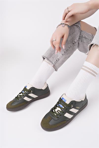 Bağcıklı Unisex Spor Sneaker Ayakkabı-Haki-Bej