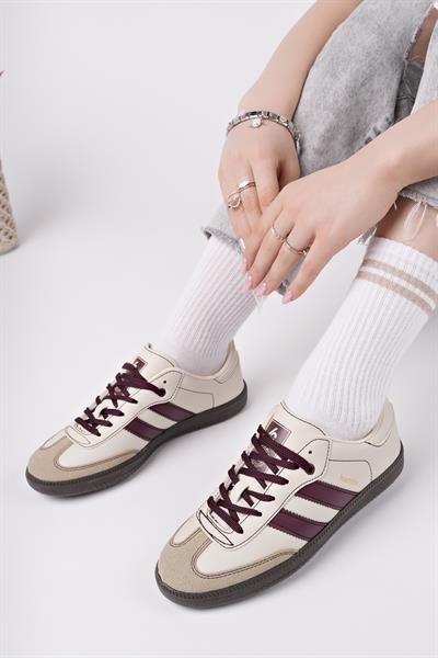 Bağcıklı Unisex Spor Sneaker Ayakkabı-Bej-Bordo