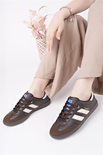 Bağcıklı Unisex Spor Sneaker Ayakkabı-Kahve-Bej