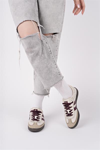 Bağcıklı Unisex Spor Sneaker Ayakkabı-Bej-Bordo