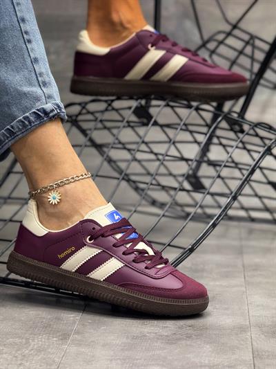 Bağcıklı Unisex Spor Sneaker Ayakkabı-Bordo-Bej