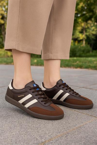 Bağcıklı Unisex Spor Sneaker Ayakkabı-Kahve-Bej