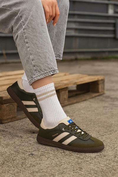 Bağcıklı Unisex Spor Sneaker Ayakkabı-Haki-Bej