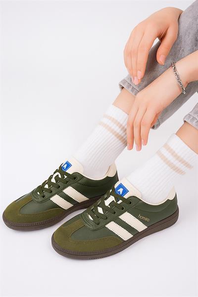 Bağcıklı Unisex Spor Sneaker Ayakkabı-Haki-Bej
