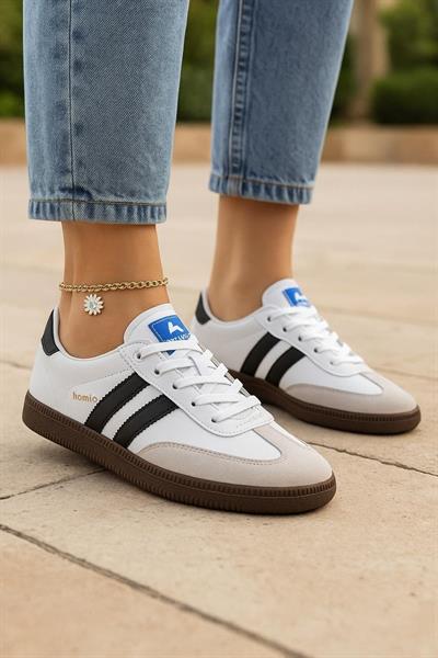 Bağcıklı Unisex Spor Sneaker Ayakkabı-Beyaz-Siyah