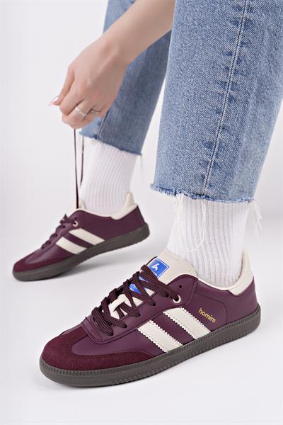 Bağcıklı Unisex Spor Sneaker Ayakkabı-Bordo-Bej
