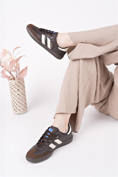 Bağcıklı Unisex Spor Sneaker Ayakkabı-Kahve-Bej