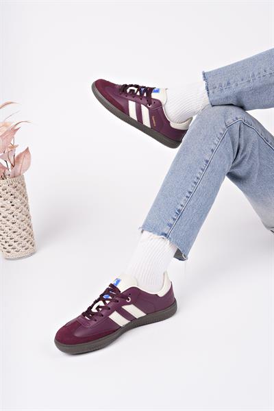Bağcıklı Unisex Spor Sneaker Ayakkabı-Bordo-Bej