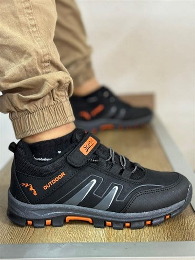 Bantlı Unisex Kısa Çocuk Spor Outdoor Ayakkabı-Siyah-Oranj