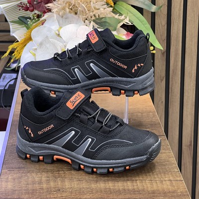 Bantlı Unisex Kısa Çocuk Spor Outdoor Ayakkabı-Siyah-Oranj