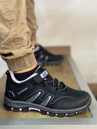 Bantlı Unisex Kısa Çocuk Spor Outdoor Ayakkabı-Siyah-Lila