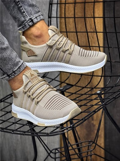 Erkek Bağcıklı Triko Spor Ayakkabı-Bej-Camel