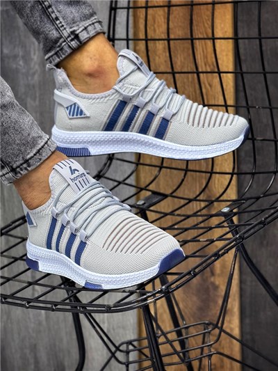 Erkek Bağcıklı Triko Spor Ayakkabı-Buz-İndigo