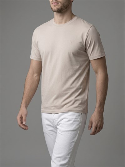Erkek Basic Slim Fit Bisiklet Yaka T-Shirt - Bej