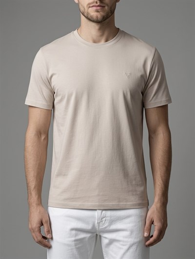 Erkek Basic Slim Fit Bisiklet Yaka T-Shirt - Bej