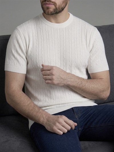 Erkek Bej Fitilli Triko Slim Fit T-Shirt
