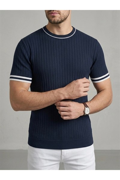 Erkek Ekru Fitilli Slim Fit Bisiklet Yaka Triko T-Shirt - Beyaz
