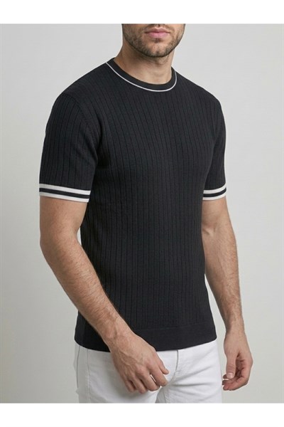 Erkek Ekru Fitilli Slim Fit Bisiklet Yaka Triko T-Shirt - Beyaz
