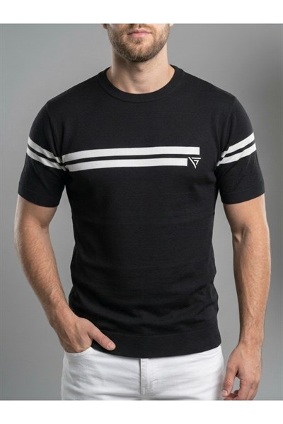 Erkek Siyah Çizgili Bisiklet Yaka Slim Fit T-Shirt
