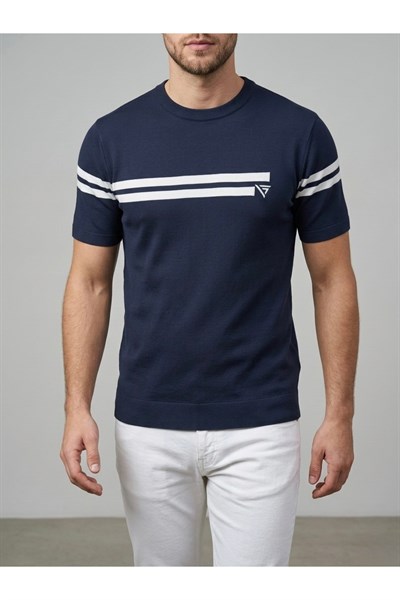 Erkek Siyah Çizgili Bisiklet Yaka Slim Fit T-Shirt