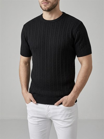 Erkek Siyah Fitilli Triko Slim Fit T-Shirt