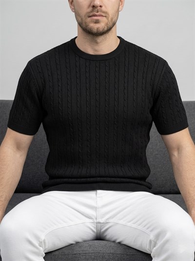 Erkek Siyah Fitilli Triko Slim Fit T-Shirt