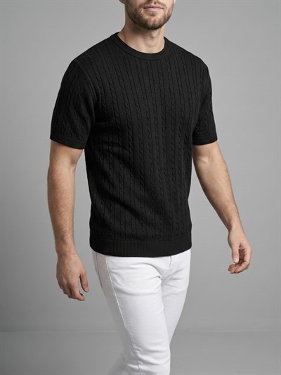 Erkek Siyah Fitilli Triko Slim Fit T-Shirt