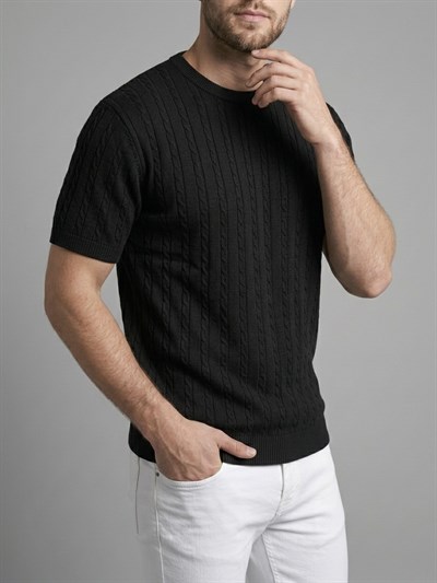 Erkek Siyah Fitilli Triko Slim Fit T-Shirt
