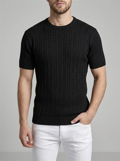 Erkek Siyah Fitilli Triko Slim Fit T-Shirt