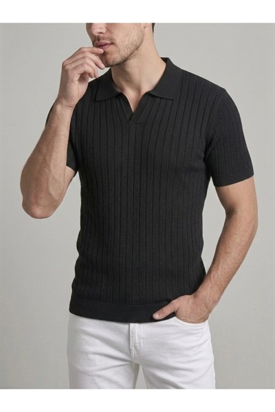Erkek Slim Fit Ekru Triko Polo Yaka T-Shirt - Lacivert
