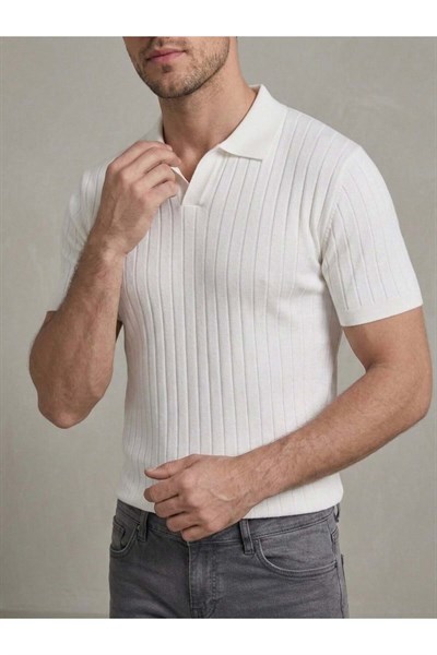 Erkek Slim Fit Ekru Triko Polo Yaka T-Shirt - Lacivert