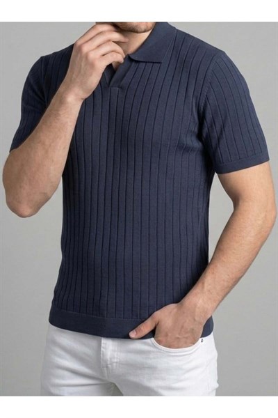 Erkek Slim Fit Ekru Triko Polo Yaka T-Shirt - Lacivert