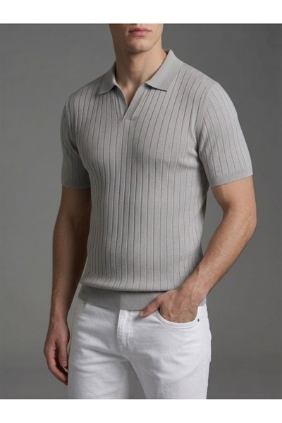Erkek Slim Fit Ekru Triko Polo Yaka T-Shirt - Lacivert