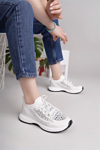 Kadın Bağcıklı Pullu  Triko Poli Taban Spor Sneaker Ayakkabı-Beyaz