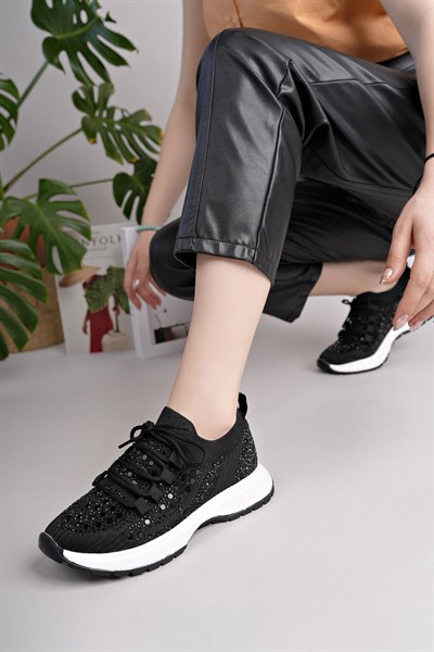 Kadın Bağcıklı Pullu  Triko Poli Taban Spor Sneaker Ayakkabı-Siyah
